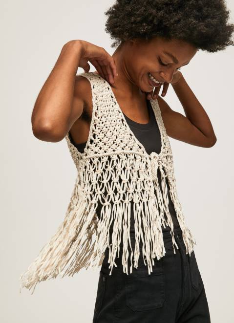Pepe Jeans Macrame Waistcoat With Fringes Women Mousse Z22X135
