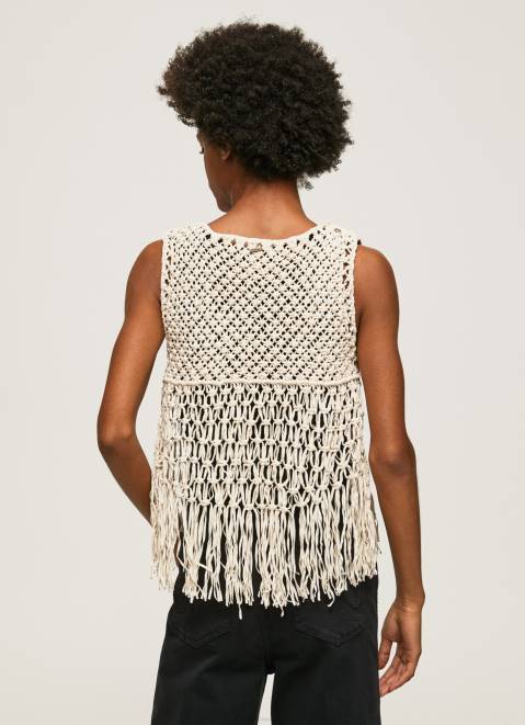 Pepe Jeans Macrame Waistcoat With Fringes Women Mousse Z22X135