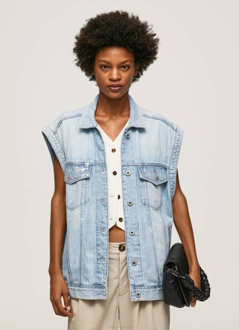 Pepe Jeans Oversized Fit Denim Waistcoat Women Denim Z22X131