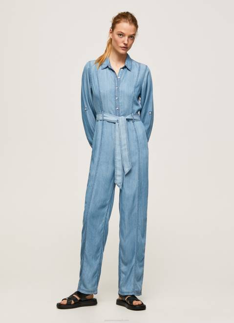 Pepe Jeans Long Jumpsuit With Belt Detail Women Blue Z22X192