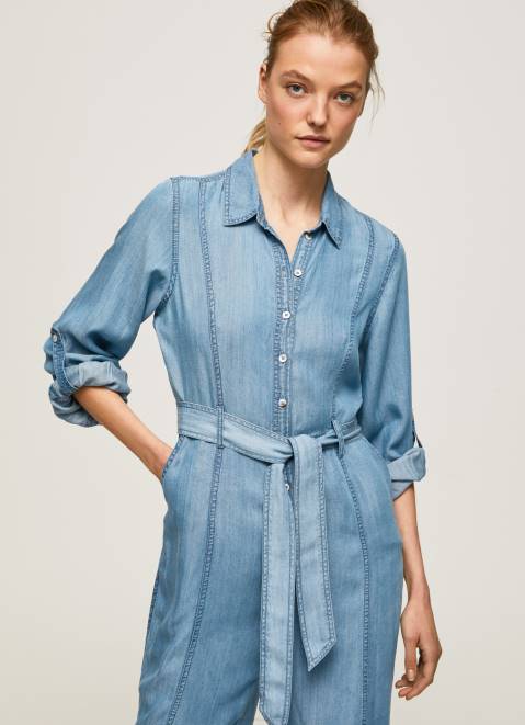 Pepe Jeans Long Jumpsuit With Belt Detail Women Blue Z22X192