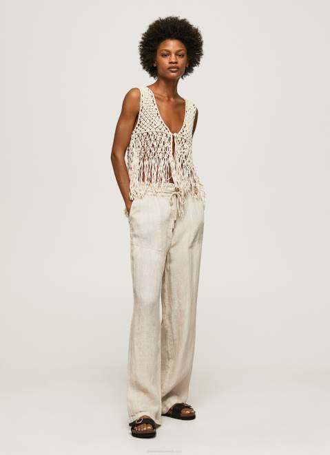 Pepe Jeans Linen Palazzo Trousers Women Stone Z22X301