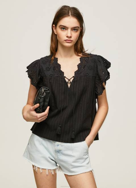 Pepe Jeans Cotton Blouse With Openwork Details Women Black Z22X336