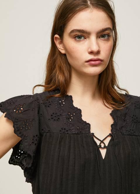 Pepe Jeans Cotton Blouse With Openwork Details Women Black Z22X336