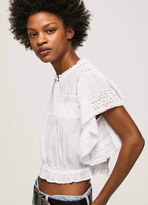 Pepe Jeans Cotton Blouse With Openwork Details Women White Z22X344
