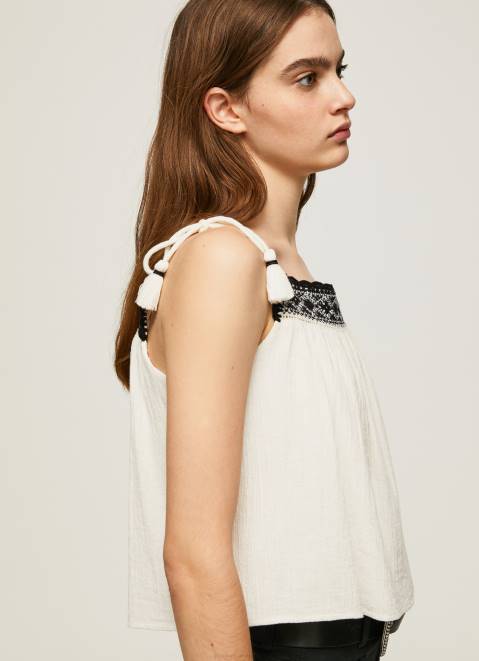 Pepe Jeans Cotton Top With Crochet Details Women Mousse Z22X335
