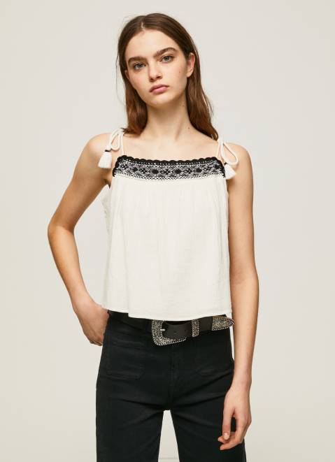 Pepe Jeans Cotton Top With Crochet Details Women Mousse Z22X335