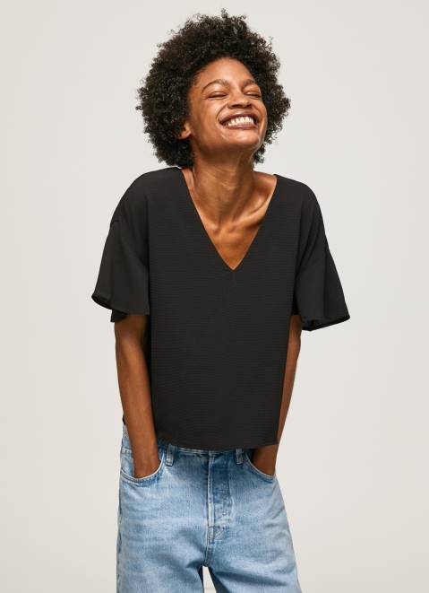 Pepe Jeans Crepe Top With Frills On Sleeves Women Black Z22X365