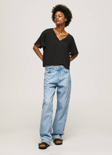 Pepe Jeans Crepe Top With Frills On Sleeves Women Black Z22X365