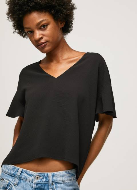 Pepe Jeans Crepe Top With Frills On Sleeves Women Black Z22X365