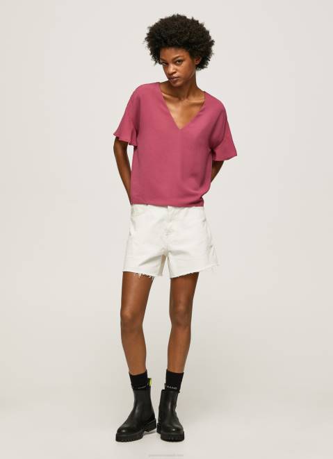 Pepe Jeans Crepe Top With Frills On Sleeves Women Dark Blush Z22X375
