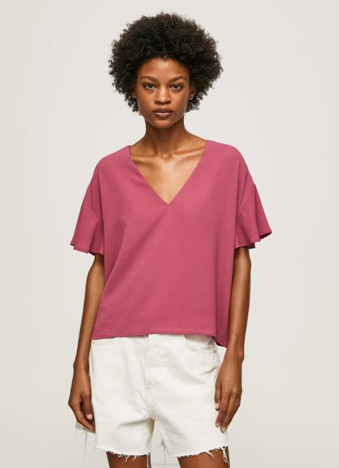 Pepe Jeans Crepe Top With Frills On Sleeves Women Dark Blush Z22X375