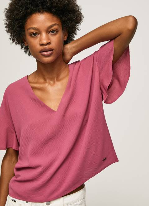 Pepe Jeans Crepe Top With Frills On Sleeves Women Dark Blush Z22X375