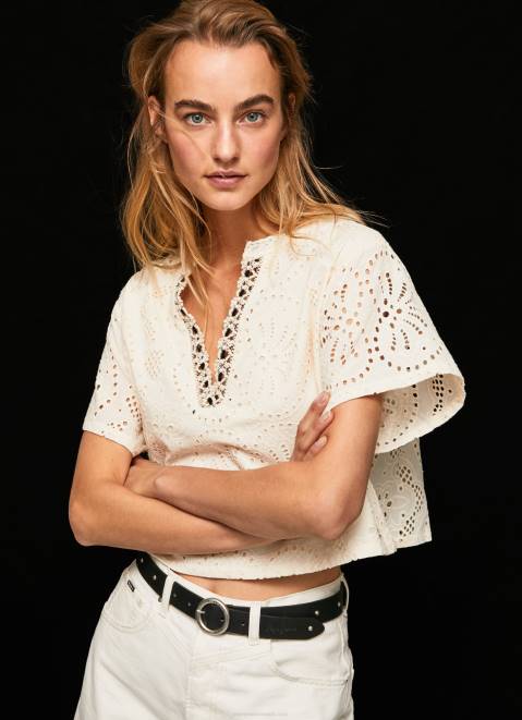 Pepe Jeans Decorative Openwork Detail Blouse Women Buttermilk Z22X327