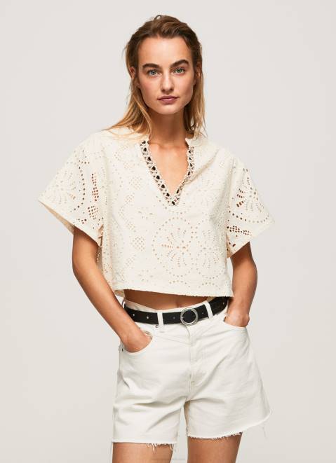 Pepe Jeans Decorative Openwork Detail Blouse Women Buttermilk Z22X327