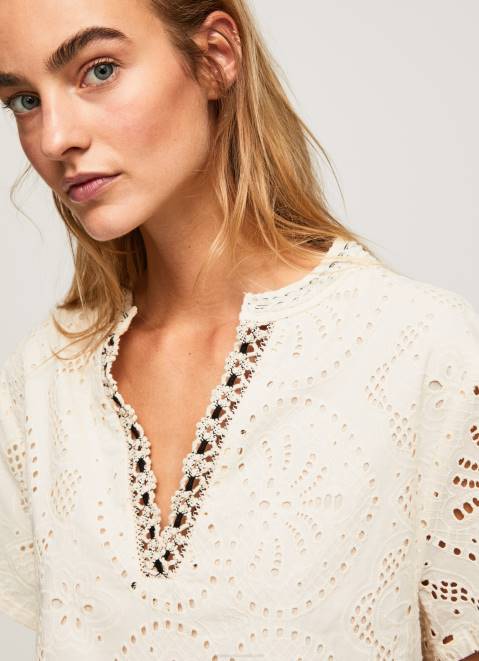 Pepe Jeans Decorative Openwork Detail Blouse Women Buttermilk Z22X327