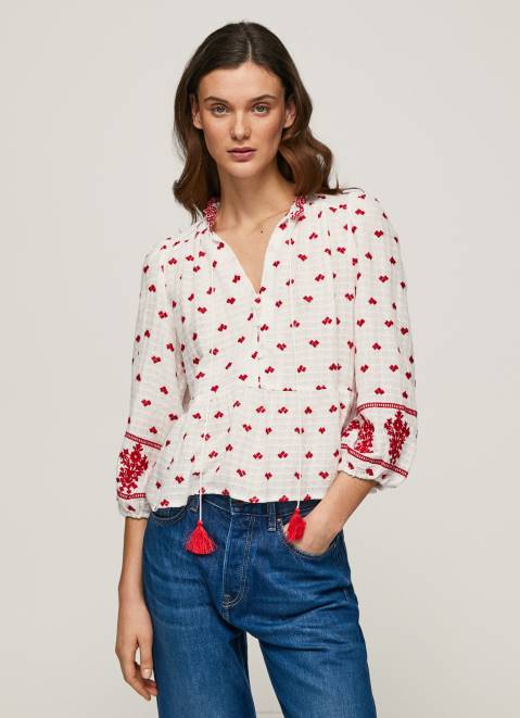 Pepe Jeans Embroidered Cotton Dobby Blouse Women White Z22X345