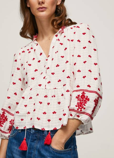 Pepe Jeans Embroidered Cotton Dobby Blouse Women White Z22X345