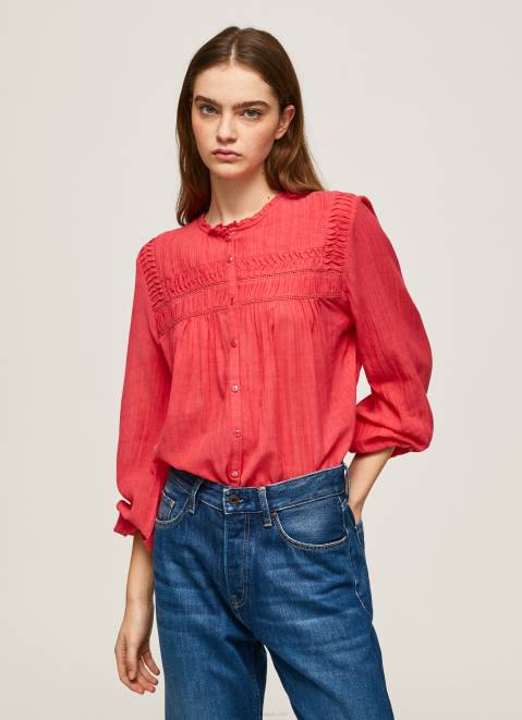 Pepe Jeans Openwork Pleated Blouse Women Studio Red Z22X321