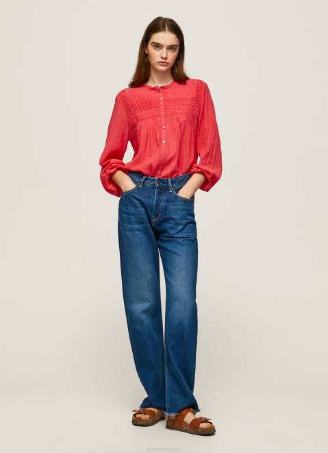 Pepe Jeans Openwork Pleated Blouse Women Studio Red Z22X321