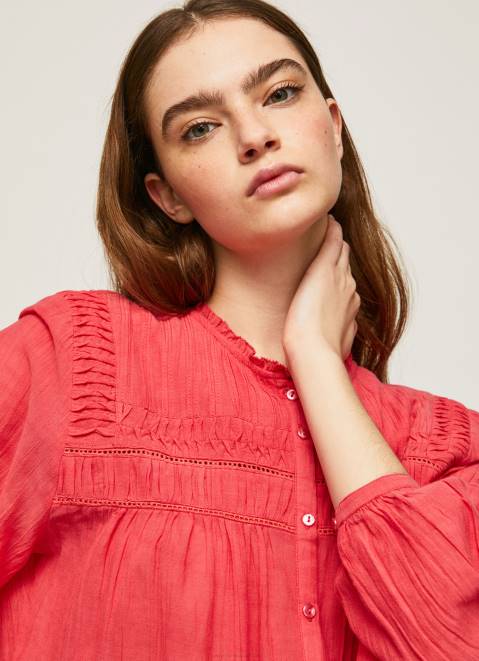 Pepe Jeans Openwork Pleated Blouse Women Studio Red Z22X321