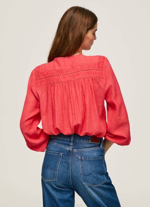 Pepe Jeans Openwork Pleated Blouse Women Studio Red Z22X321