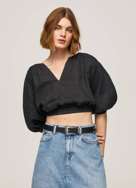 Pepe Jeans V-Neck Cropped Fit Top Women Black Z22X374
