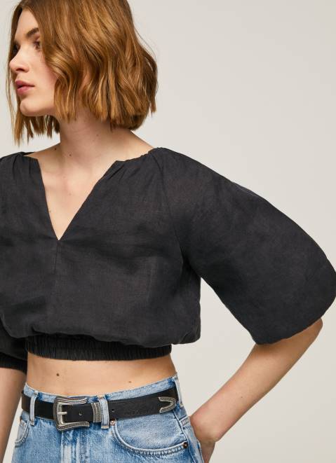 Pepe Jeans V-Neck Cropped Fit Top Women Black Z22X374