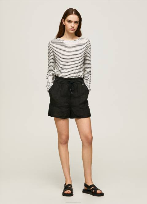 Pepe Jeans Paper Bag Linen Shorts Women Black Z22X489