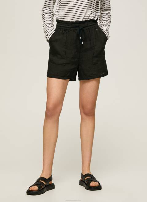 Pepe Jeans Paper Bag Linen Shorts Women Black Z22X489