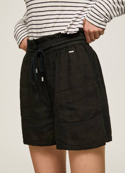 Pepe Jeans Paper Bag Linen Shorts Women Black Z22X489