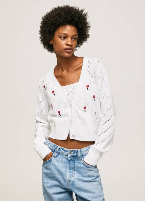 Pepe Jeans Embroidered Flower Cotton Cardigan Women White Z22X231