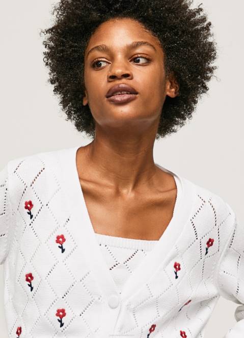 Pepe Jeans Embroidered Flower Cotton Cardigan Women White Z22X231