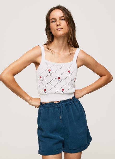 Pepe Jeans Embroidered Flower Cotton Top Women White Z22X232