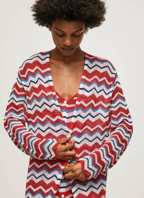 Pepe Jeans Long Cardigan With Zig-Zag Print Women Studio Red Z22X225
