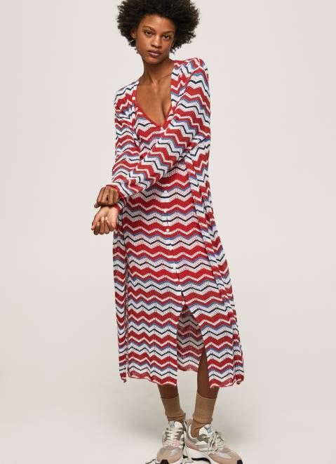 Pepe Jeans Long Cardigan With Zig-Zag Print Women Studio Red Z22X225
