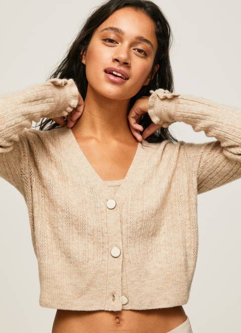 Pepe Jeans Openwork V Neck Cardigan Women Buff Z22X243