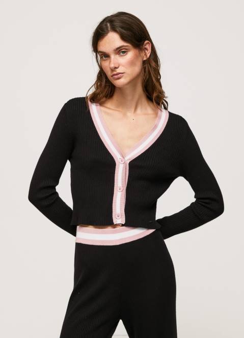 Pepe Jeans Ribbed V Neck Cardigan Women Black Z22X264