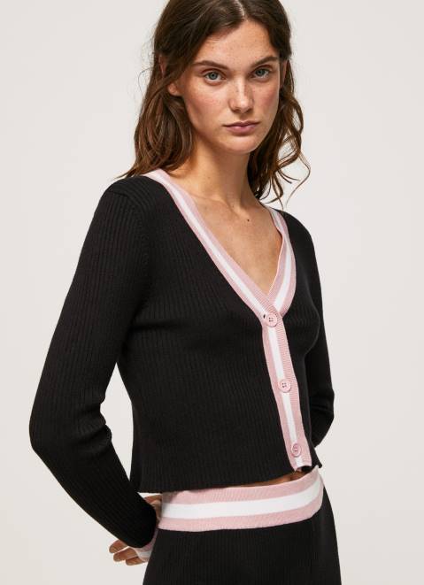 Pepe Jeans Ribbed V Neck Cardigan Women Black Z22X264