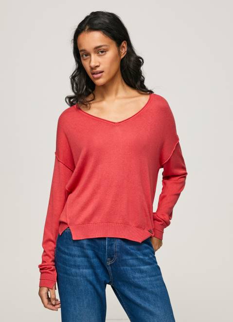 Pepe Jeans V Neckline Relaxed Fit Jersey Women Studio Red Z22X258