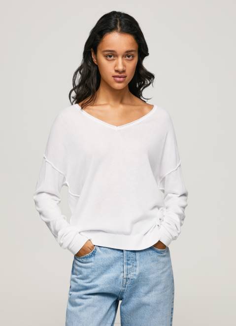 Pepe Jeans V Neckline Relaxed Fit Jersey Women White Z22X240