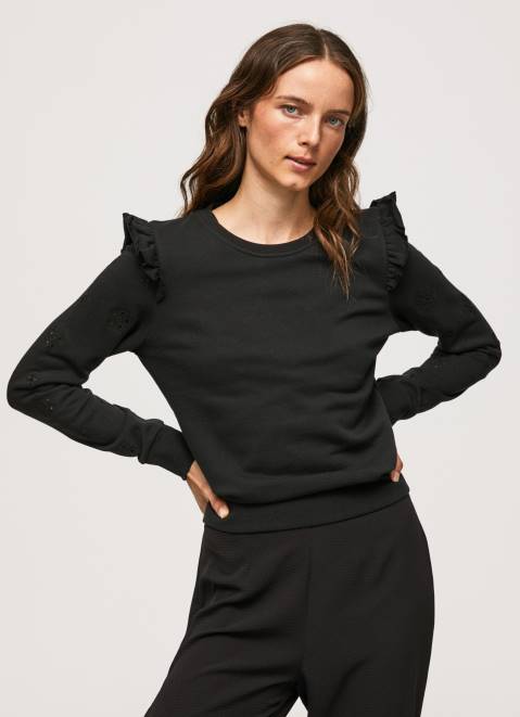 Pepe Jeans Frilled Cotton Jumper Women Black Z22X283