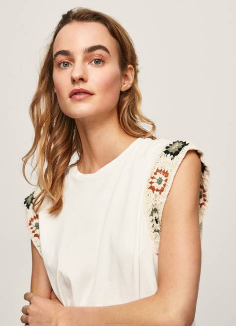 Pepe Jeans Crochet Sleeved T-Shirt Women Mousse Z22X464