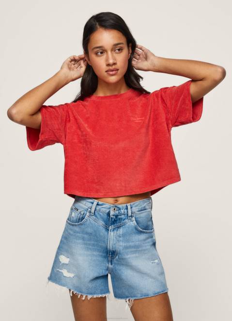 Pepe Jeans Cropped Fit Velvet T-Shirt Women Studio Red Z22X460