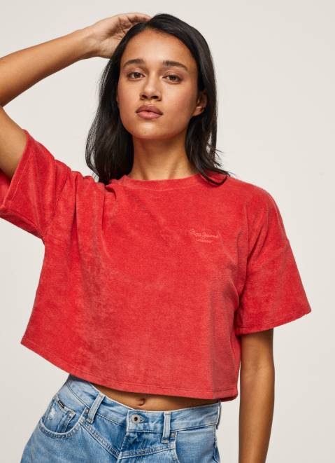 Pepe Jeans Cropped Fit Velvet T-Shirt Women Studio Red Z22X460