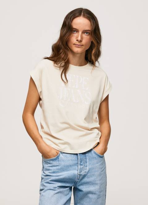 Pepe Jeans Floral Logo Cotton T-Shirt Women Buff Z22X402