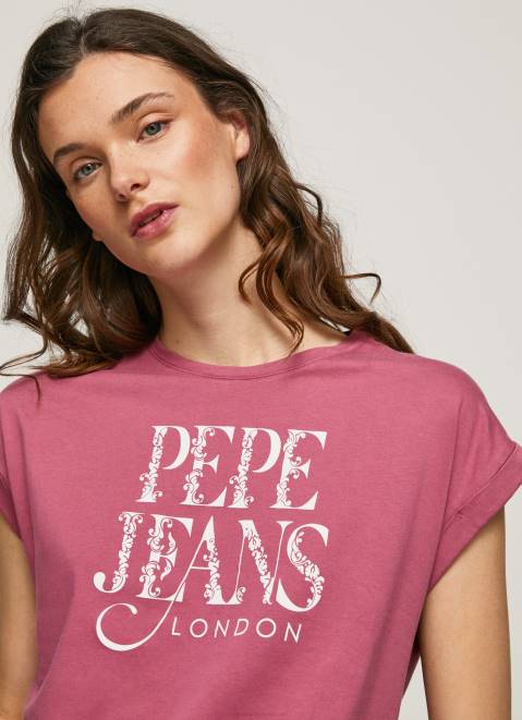 Pepe Jeans Floral Logo Cotton T-Shirt Women Dark Blush Z22X431