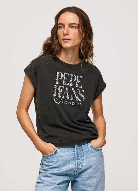 Pepe Jeans Floral Logo Cotton T-Shirt Women Washed Black Z22X403