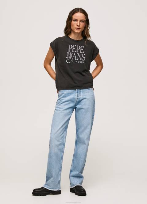 Pepe Jeans Floral Logo Cotton T-Shirt Women Washed Black Z22X403