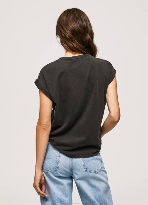 Pepe Jeans Floral Logo Cotton T-Shirt Women Washed Black Z22X403